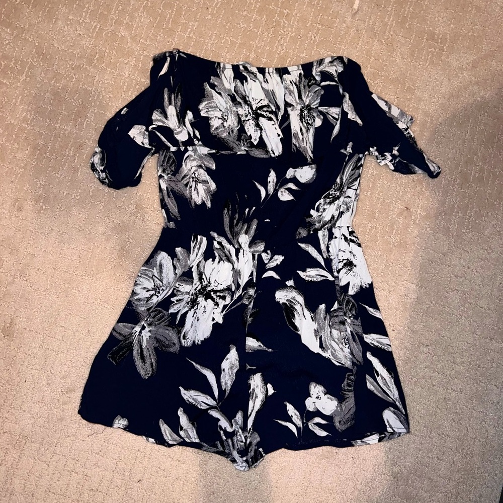 ANGL Navy Blue and White Hawaiian Floral Romper